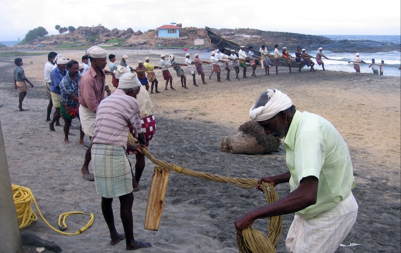 Fiskenäten dras upp tidigt på morgonen i Kovalam