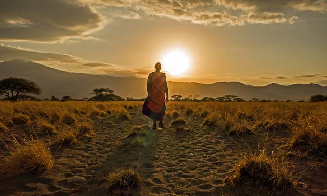 Skymning på savannen i norra Tanzania