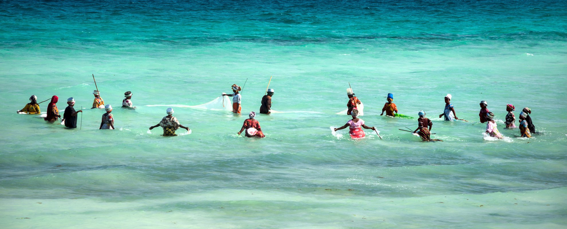 Kvinnor som fiskar med nät på Zanzibar